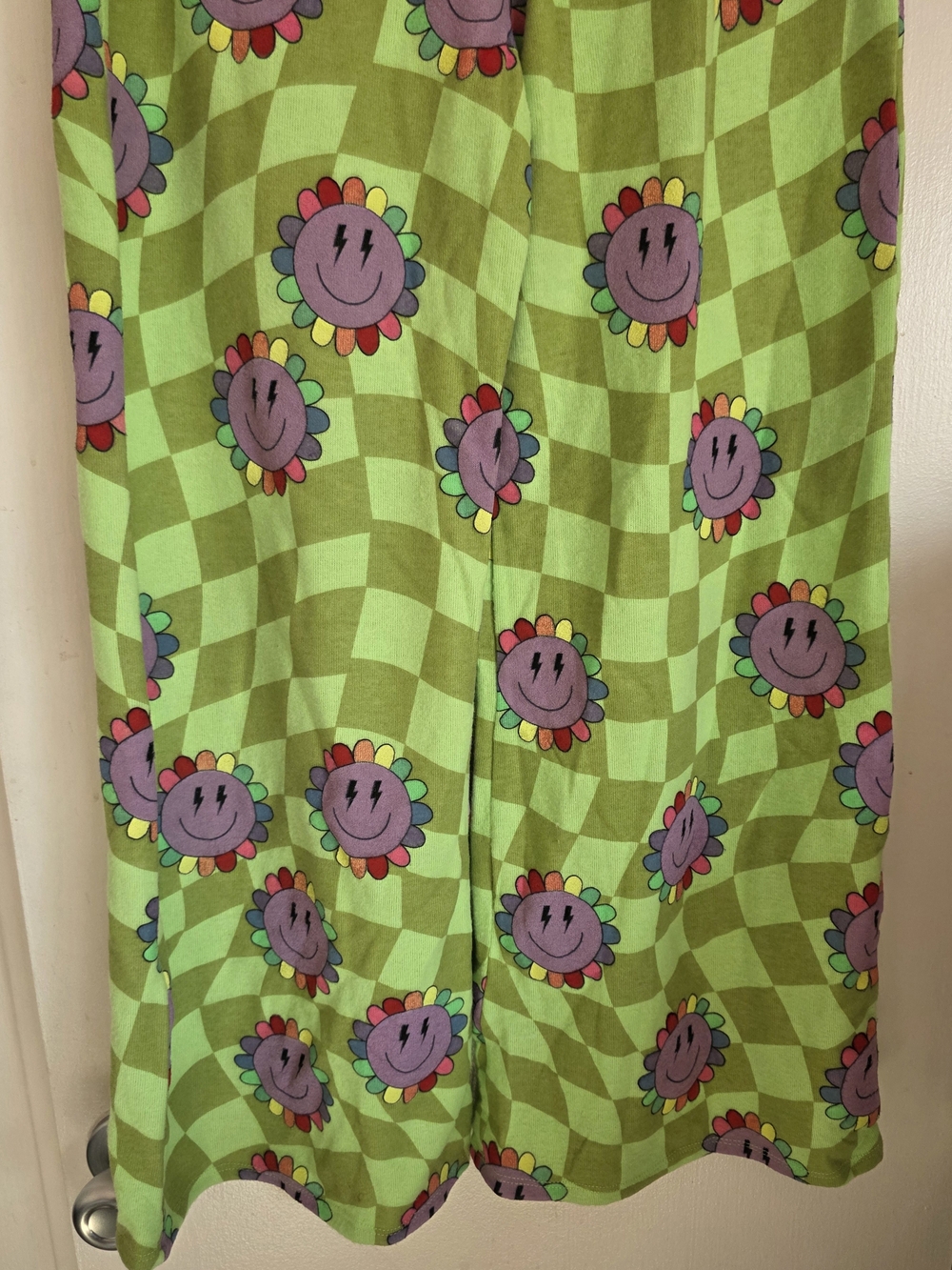 Chaser Green Checkerboard Pajama Bottoms with Purple Smiley Flowers